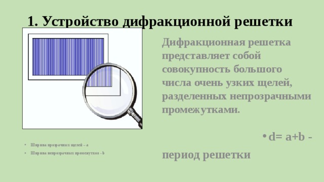 1. Устройство дифракционной решетки  Дифракционная решетка представляет собой совокупность большого числа очень узких щелей, разделенных непрозрачными промежутками.   d= a+b - период решетки Ширина прозрачных щелей – а Ширина непрозрачных промежутков - b 