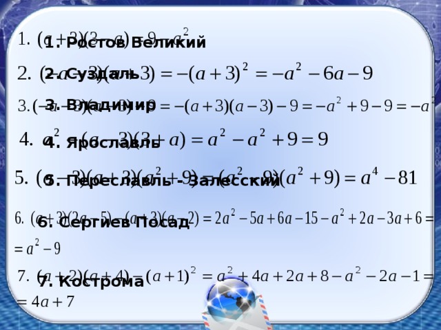 1. Ростов Великий 2. Суздаль 3. Владимир 4. Ярославль 5. Переславль - Залесский 6. Сергиев Посад 7. Кострома