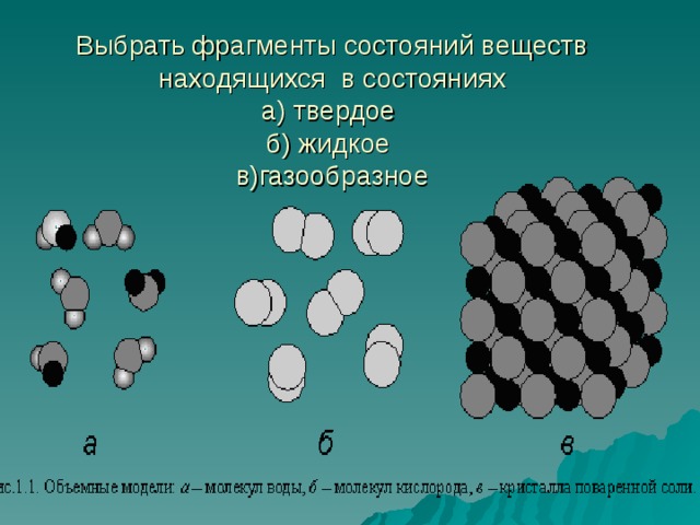 Выбрать фрагменты состояний веществ находящихся в состояниях  а) твердое  б) жидкое  в)газообразное 