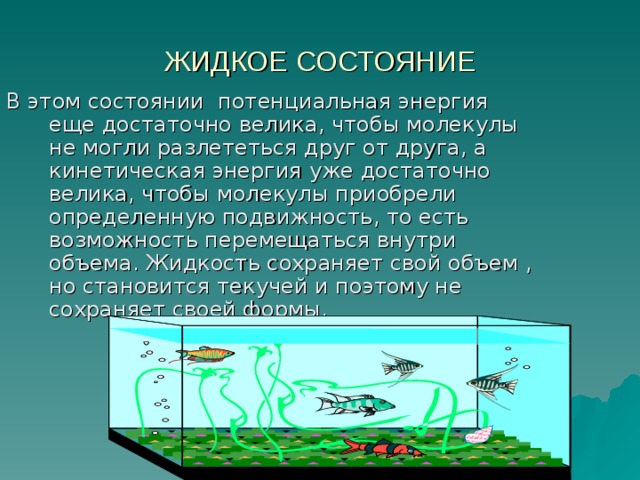 ЖИДКОЕ СОСТОЯНИЕ В этом состоянии потенциальная энергия еще достаточно велика, чтобы молекулы не могли разлететься друг от друга, а кинетическая энергия уже достаточно велика, чтобы молекулы приобрели определенную подвижность, то есть возможность перемещаться внутри объема. Жидкость сохраняет свой объем , но становится текучей и поэтому не сохраняет своей формы. 
