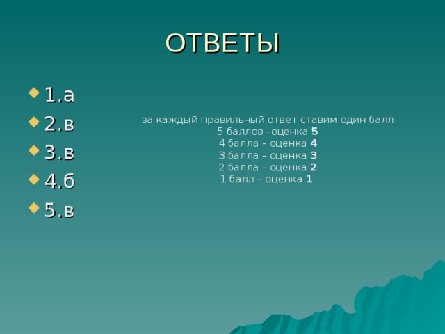 за каждый правильный ответ ставим один балл 5 баллов –оценка 5 4 балла – оценка 4 3 балла – оценка 3 2 балла – оценка 2 1 балл – оценка 1  
