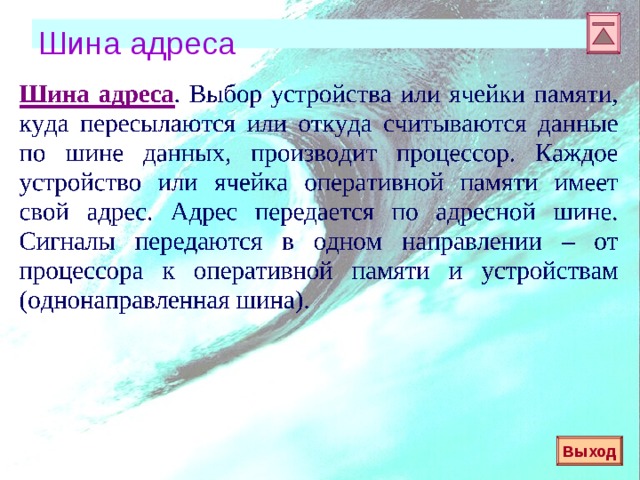  Шина адреса Шина адреса . Выбор устройства или ячейки памяти, куда пересылаются или откуда считываются данные по шине данных, производит процессор. Каждое устройство или ячейка оперативной памяти имеет свой адрес. Адрес передается по адресной шине. Сигналы передаются в одном направлении – от процессора к оперативной памяти и устройствам (однонаправленная шина). Выход 