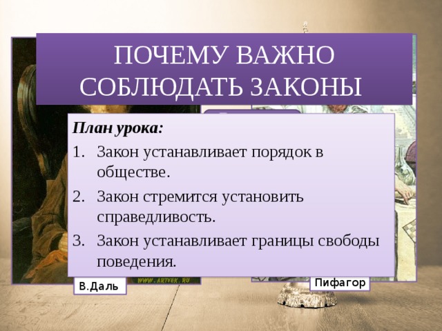 ПОЧЕМУ ВАЖНО СОБЛЮДАТЬ ЗАКОНЫ Порядок – это абсолютная надежность План урока: Закон устанавливает порядок в обществе. Закон стремится установить справедливость. Закон устанавливает границы свободы поведения. Порядок – это правильное устройство Пифагор В.Даль 
