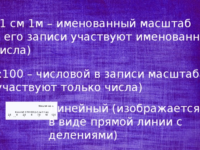 в 1 см 1м – именованный масштаб (в его записи участвуют именованные  числа) 1:100 – числовой  в записи масштаба (участвуют только числа) Линейный (изображается  в виде прямой линии с  делениями) 