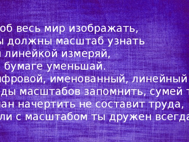 Чтоб весь мир изображать,  Мы должны масштаб узнать   Ты линейкой измеряй,  На бумаге уменьшай. Цифровой, именованный, линейный -   Виды масштабов запомнить, сумей ты.  План начертить не составит труда,  Если с масштабом ты дружен всегда! 
