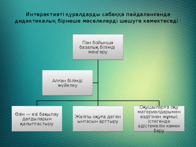 Интерактивті құралдарды сабаққа пайдаланғанда дидактикалық бірнеше мәселелерді шешуге көмектеседі : Пән бойынша базалық білімді меңгеру Алған білімді жүйелеу Өзін — өзі бақылау дағдыларын қалыптастыру Жалпы оқуға деген ынтасын арттыру Оқушыларға оқу материалдарымен өздігінен жұмыс істегенде әдістемелік көмек беру 