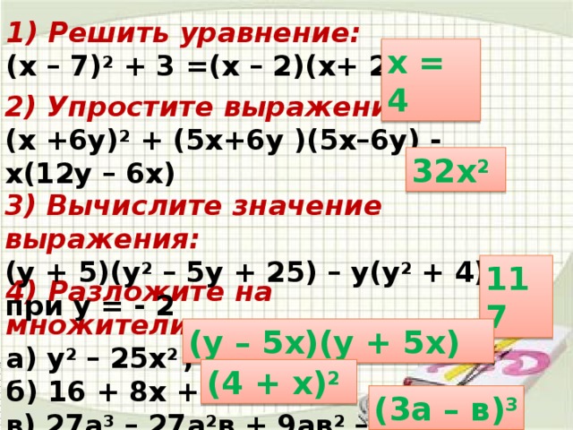 1) Решить уравнение: (х – 7) 2 + 3 =(х – 2)(х+ 2) х = 4 2) Упростите выражение: (х +6у) 2 + (5х+6у )(5х–6у) - х(12у – 6х) 32х 2  3) Вычислите значение выражения: (у + 5)(у 2 – 5у + 25) – у(у 2 + 4), при у = - 2 117 4) Разложите на множители: а) у 2 – 25х 2 ; б) 16 + 8х + х 2 в) 27а 3 – 27а 2 в + 9ав 2 – в 3 (у – 5х)(у + 5х) (4 + х) 2  (3а – в) 3 