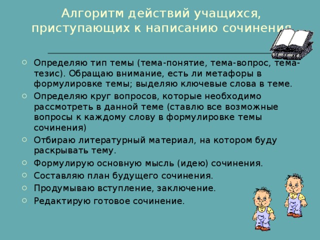                Алгоритм действий учащихся, приступающих к написанию сочинения   Определяю тип темы (тема-понятие, тема-вопрос, тема-тезис). Обращаю внимание, есть ли метафоры в формулировке темы; выделяю ключевые слова в теме. Определяю круг вопросов, которые необходимо рассмотреть в данной теме (ставлю все возможные вопросы к каждому слову в формулировке темы сочинения) Отбираю литературный материал, на котором буду раскрывать тему. Формулирую основную мысль (идею) сочинения. Составляю план будущего сочинения. Продумываю вступление, заключение. Редактирую готовое сочинение. 