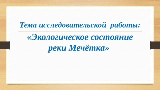   Тема исследовательской работы: «Экологическое состояние реки Мечётка»   
