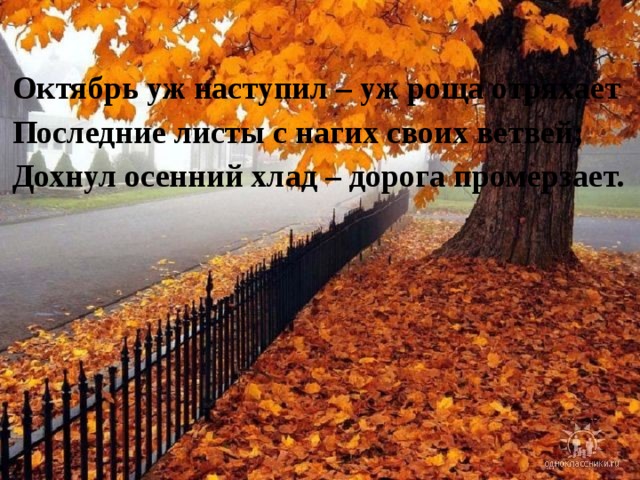 Октябрь уж наступил – уж роща отряхает Последние листы с нагих своих ветвей; Дохнул осенний хлад – дорога промерзает. 