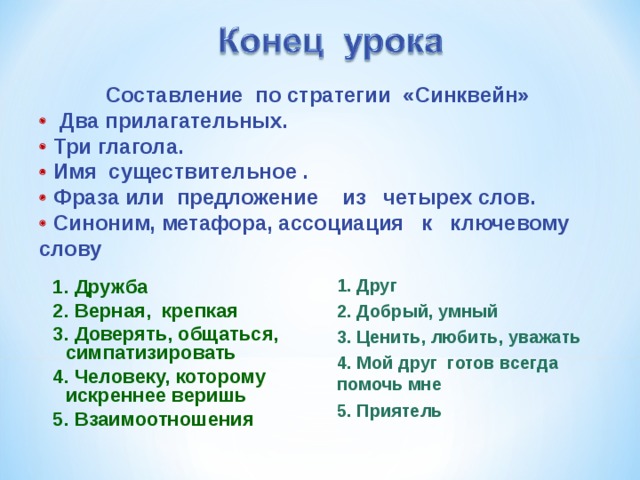  Составление по стратегии «Синквейн»    Два прилагательных.   Три глагола.   Имя существительное .   Фраза или предложение из четырех слов.   Синоним, метафора, ассоциация к ключевому слову 1. Дружба 2. Верная, крепкая 3. Доверять, общаться, симпатизировать 4. Человеку, которому искреннее веришь 5. Взаимоотношения 1. Друг 2. Добрый, умный 3. Ценить, любить, уважать 4. Мой друг готов всегда помочь мне 5. Приятель 