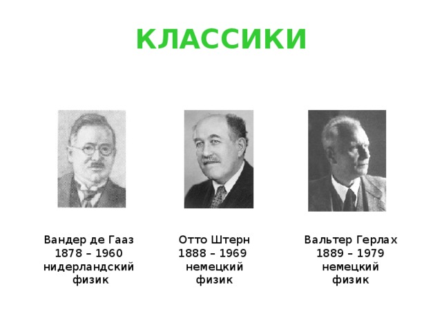 КЛАССИКИ Вандер де Гааз 1878 – 1960 нидерландский  физик Отто Штерн 1888 – 1969 немецкий физик Вальтер Герлах 1889 – 1979 немецкий физик 
