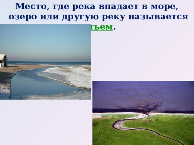 Место, где река впадает в море,  озеро или другую реку называется устьем . 