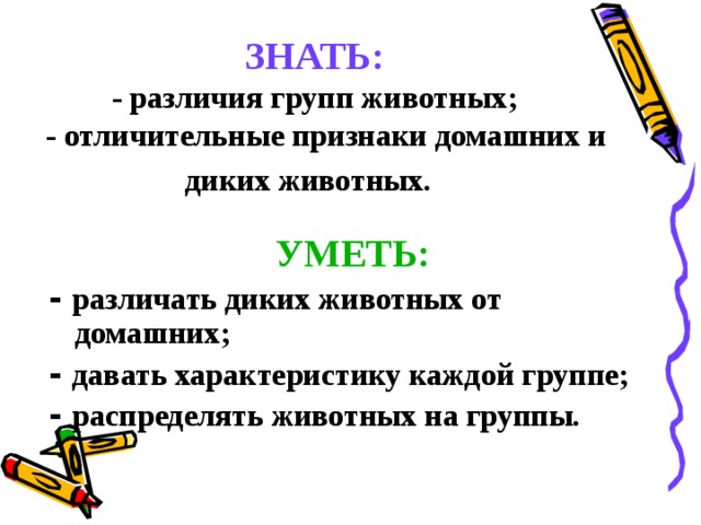 ЗНАТЬ:  - различия групп животных;  - отличительные признаки домашних и диких животных.  УМЕТЬ: - различать диких животных от домашних; - давать характеристику каждой группе; - распределять животных на группы. 