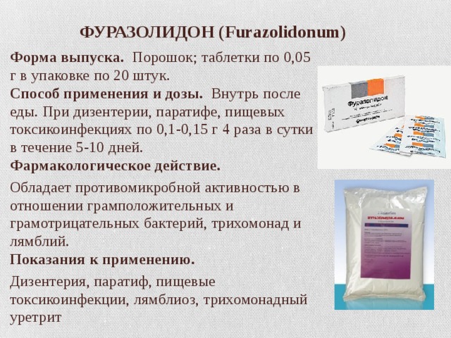  ФУРАЗОЛИДОН (Furazolidonum) Форма выпуска.   Порошок; таблетки по 0,05 г в упаковке по 20 штук.  Способ применения и дозы.   Внутрь после еды. При дизентерии, паратифе, пищевых токсикоинфекциях по 0,1-0,15 г 4 раза в сутки в течение 5-10 дней.  Фармакологическое действие. Обладает противомикробной активностью в отношении грамположительных и грамотрицательных бактерий, трихомонад и лямблий.  Показания к применению. Дизентерия, паратиф, пищевые токсикоинфекции, лямблиоз, трихомонадный уретрит 