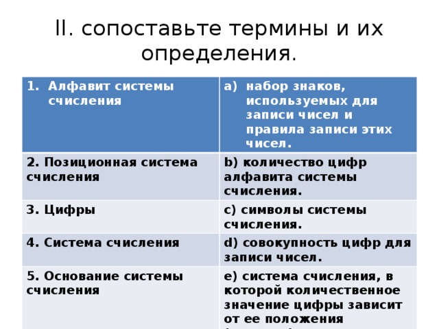 II. сопоставьте термины и их определения. Алфавит системы счисления  набор знаков, используемых для записи чисел и правила записи этих чисел. 2. Позиционная система счисления b) количество цифр алфавита системы счисления. 3. Цифры c) символы системы счисления. 4. Система счисления d) совокупность цифр для записи чисел. 5. Основание системы счисления e) система счисления, в которой количественное значение цифры зависит от ее положения (позиции) в числе.