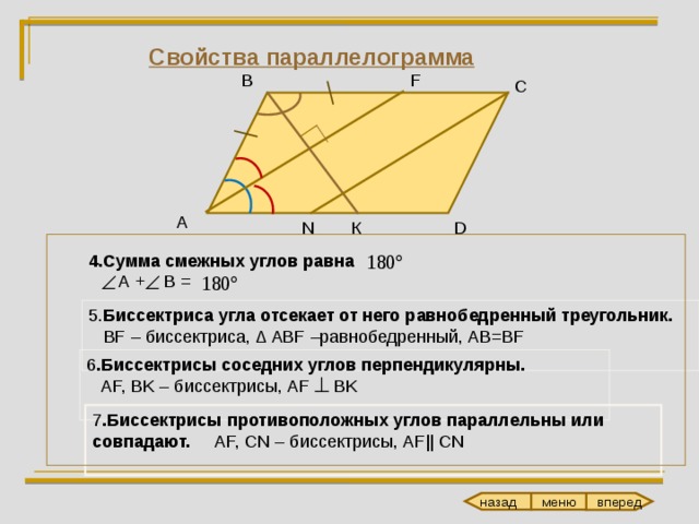 назад Свойства параллелограмма F В С А N D К 4 .Сумма смежных углов равна  А + В = 5. Биссектриса угла отсекает от него равнобедренный треугольник.  BF – биссектриса, ∆ ABF –равнобедренный, AB=BF 6 .Биссектрисы соседних углов перпендикулярны.  AF, BK – биссектрисы, AF  BK 7 .Биссектрисы противоположных углов параллельны или совпадают.   AF, CN – биссектрисы, AF|| CN вперед меню 