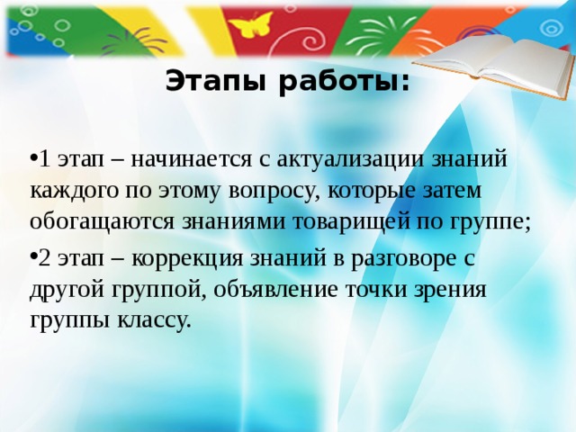  Этапы работы:    1 этап – начинается с актуализации знаний каждого по этому вопросу, которые затем обогащаются знаниями товарищей по группе; 2 этап – коррекция знаний в разговоре с другой группой, объявление точки зрения группы классу. 