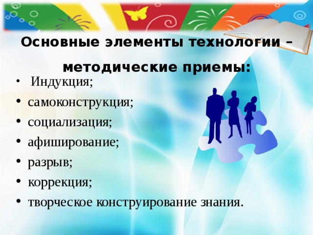  Основные элементы технологии – методические приемы:    Индукция; самоконструкция; социализация; афиширование; разрыв; коррекция; творческое конструирование знания. 
