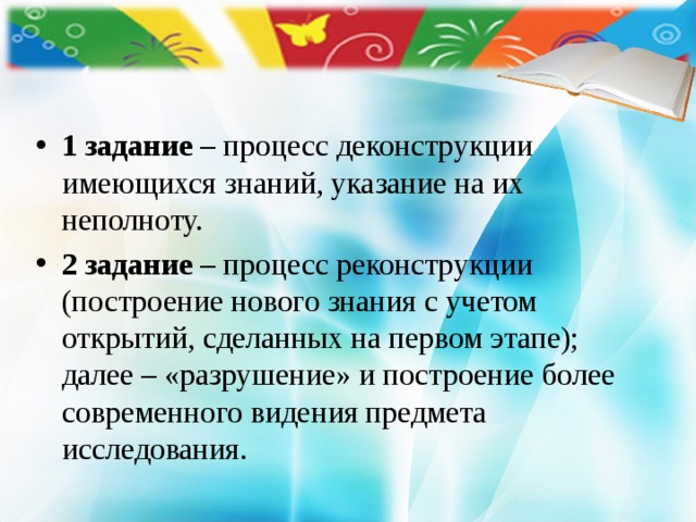    1 задание – процесс деконструкции имеющихся знаний, указание на их неполноту. 2 задание – процесс реконструкции (построение нового знания с учетом открытий, сделанных на первом этапе); далее – «разрушение» и построение более современного видения предмета исследования. 