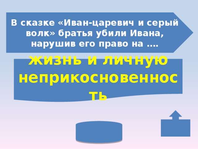 В сказке «Иван-царевич и серый волк» братья убили Ивана, нарушив его право на …. жизнь и личную неприкосновенность 
