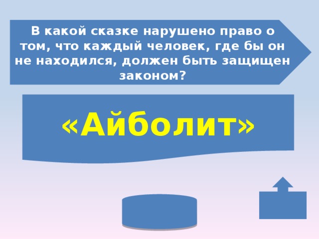 В какой сказке нарушено право о том, что каждый человек, где бы он не находился, должен быть защищен законом? «Айболит» 