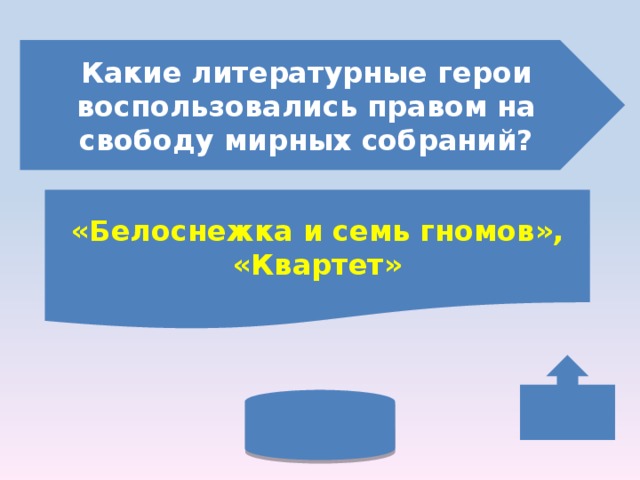 Какие литературные герои воспользовались правом на свободу мирных собраний? «Белоснежка и семь гномов», «Квартет» 