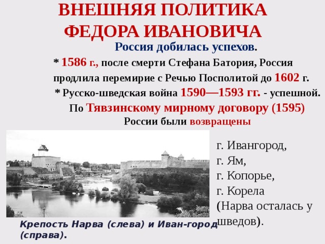 ВНЕШНЯЯ ПОЛИТИКА  ФЕДОРА ИВАНОВИЧА Россия добилась успехов . * 1586 г., после смерти Стефана Батория, Россия продлила перемирие с Речью Посполитой до 1602 г. * Русско-шведская война 1590—1593 гг. - успешной. По Тявзинскому мирному договору (1595) России были возвращены г. Ивангород, г. Ям, г. Копорье, г. Корела (Нарва осталась у шведов). Крепость Нарва (слева) и Иван-город (справа). 