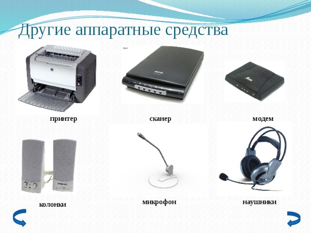 Другие аппаратные средства принтер сканер модем микрофон наушники колонки 