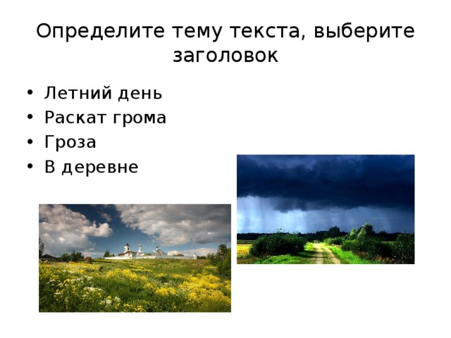 Определите тему текста, выберите заголовок Летний день Раскат грома Гроза В деревне 
