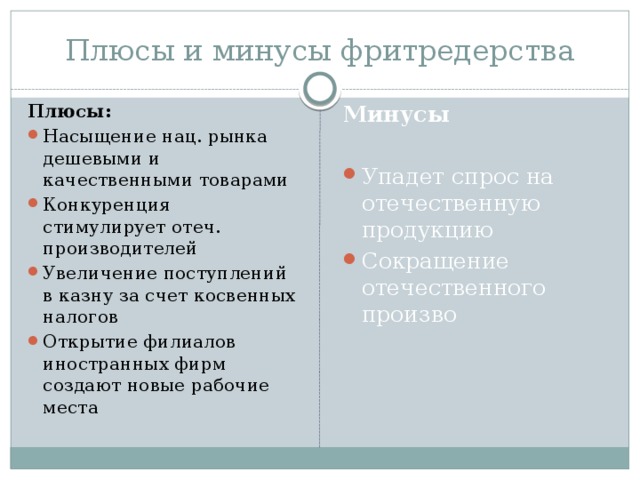 Плюсы и минусы фритредерства Плюсы: Минусы Насыщение нац. рынка дешевыми и качественными товарами Конкуренция стимулирует отеч. производителей Увеличение поступлений в казну за счет косвенных налогов Открытие филиалов иностранных фирм создают новые рабочие места Упадет спрос на отечественную продукцию Сокращение отечественного произво 
