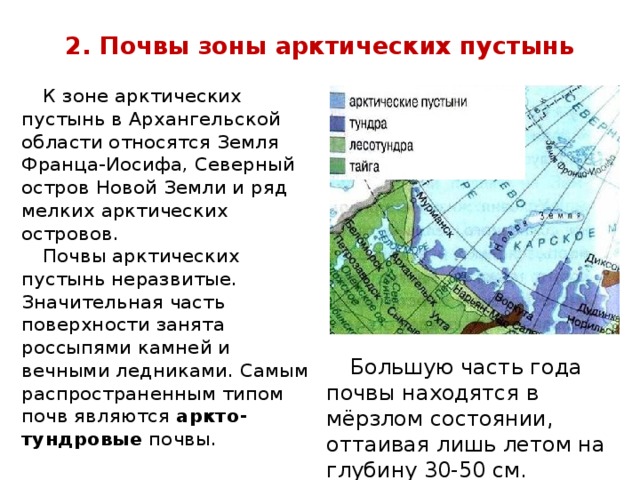 2. Почвы зоны арктических пустынь К зоне арктических пустынь в Архангельской области относятся Земля Франца-Иосифа, Северный остров Новой Земли и ряд мелких арктических островов. Почвы арктических пустынь неразвитые. Значительная часть поверхности занята россыпями камней и вечными ледниками. Самым распространенным типом почв являются аркто-тундровые почвы. Большую часть года почвы находятся в мёрзлом состоянии, оттаивая лишь летом на глубину 30-50 см. 