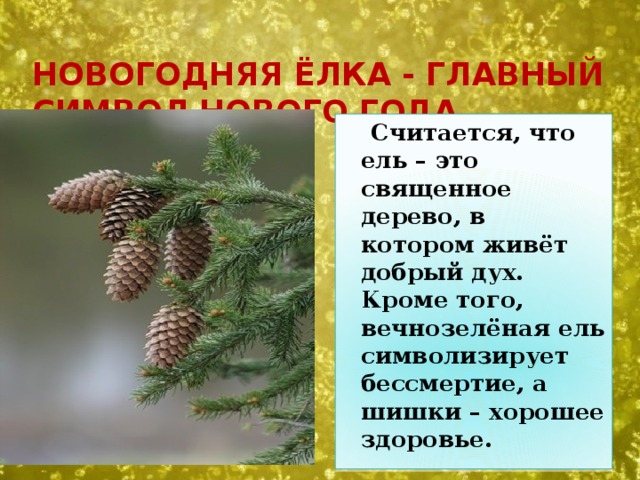 Новогодняя ёлка - главный символ Нового года.  Считается, что ель – это священное дерево, в котором живёт добрый дух. Кроме того, вечнозелёная ель символизирует бессмертие, а шишки – хорошее здоровье. 