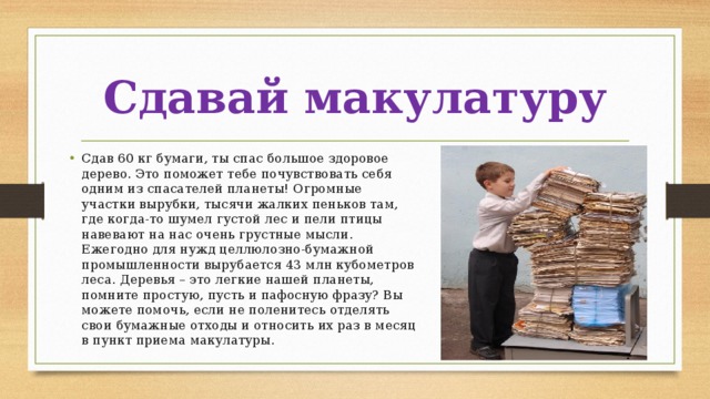 Сдавай макулатуру Сдав 60 кг бумаги, ты спас большое здоровое дерево. Это поможет тебе почувствовать себя одним из спасателей планеты! Огромные участки вырубки, тысячи жалких пеньков там, где когда-то шумел густой лес и пели птицы навевают на нас очень грустные мысли. Ежегодно для нужд целлюлозно-бумажной промышленности вырубается 43 млн кубометров леса. Деревья – это легкие нашей планеты, помните простую, пусть и пафосную фразу? Вы можете помочь, если не поленитесь отделять свои бумажные отходы и относить их раз в месяц в пункт приема макулатуры. 