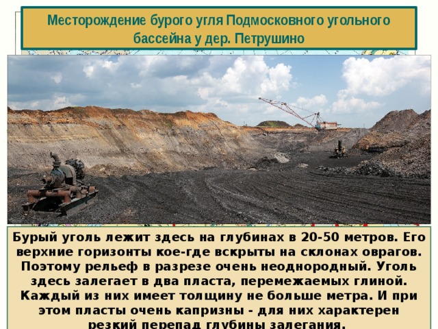 Месторождение бурого угля Подмосковного угольного бассейна у дер. Петрушино Бурый уголь лежит здесь на глубинах в 20-50 метров. Его верхние горизонты кое-где вскрыты на склонах оврагов. Поэтому рельеф в разрезе очень неоднородный. Уголь здесь залегает в два пласта, перемежаемых глиной. Каждый из них имеет толщину не больше метра. И при этом пласты очень капризны - для них характерен резкий перепад глубины залегания. 