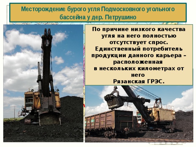 Месторождение бурого угля Подмосковного угольного бассейна у дер. Петрушино По причине низкого качества угля на него полностью отсутствует спрос. Единственный потребитель продукции данного карьера – расположенная в нескольких километрах от него Рязанская ГРЭС. 
