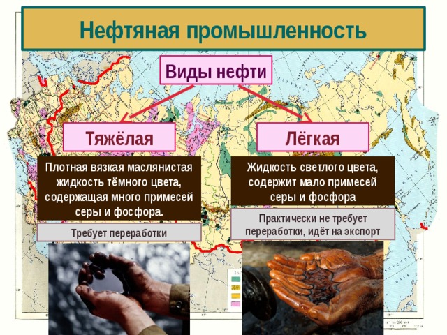 Нефтяная промышленность Виды нефти Тяжёлая Лёгкая Плотная вязкая маслянистая жидкость тёмного цвета, содержащая много примесей серы и фосфора. Жидкость светлого цвета, содержит мало примесей серы и фосфора Практически не требует переработки, идёт на экспорт Требует переработки 