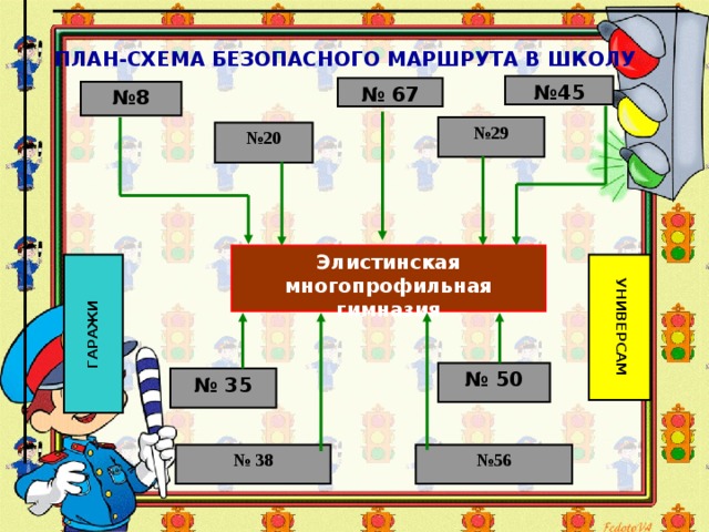  УНИВЕРСАМ  ГАРАЖИ ПЛАН-СХЕМА БЕЗОПАСНОГО МАРШРУТА В ШКОЛУ № 45 № 67 № 8 № 29 № 20 Элистинская многопрофильная гимназия № 50 № 35 № 38 № 56 