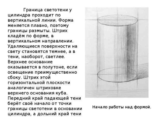  Граница светотени у цилиндра проходит по вертикальной линии. Форма меняется плавно, поэтому границы размыты. Штрих кладём по форме, в вертикальном направлении. Удаляющиеся поверхности на свету становятся темнее, а в тени, наоборот, светлее. Верхнее основание оказывается в полутоне, если освещение преимущественно сбоку. Штрих этой горизонтальной плоскости аналогичен штриховке верхнего основания куба. Передний край падающей тени берёт своё начало от точки границы светотени в основании цилиндра, а дольний край тени начинается от аналогичной точки на невидимой стороне. Начало работы над формой. 