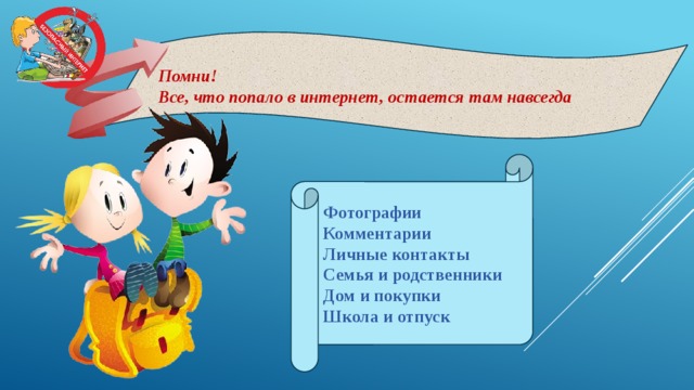 Помни! Все, что попало в интернет, остается там навсегда Фотографии Комментарии Личные контакты Семья и родственники Дом и покупки Школа и отпуск 