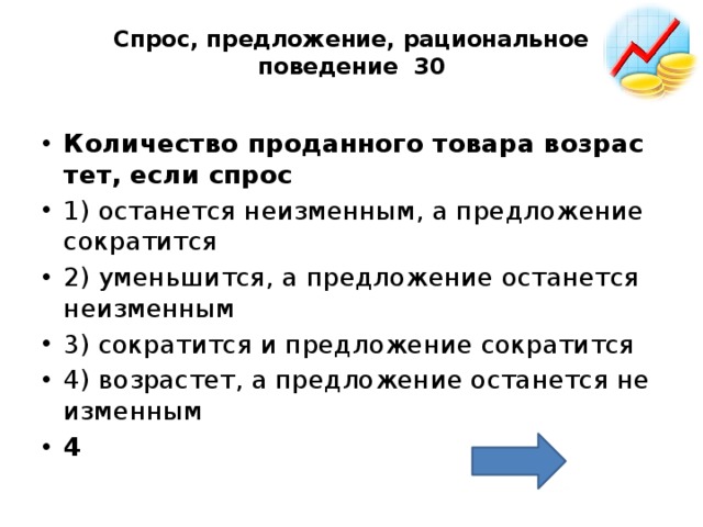 Спрос, предложение, рациональное поведение 30   Ко­ли­че­ство про­дан­но­го то­ва­ра воз­рас­тет, если спрос 1) оста­нет­ся не­из­мен­ным, а пред­ло­же­ние со­кра­тит­ся 2) умень­шит­ся, а пред­ло­же­ние оста­нет­ся не­из­мен­ным 3) со­кра­тит­ся и пред­ло­же­ние со­кра­тит­ся 4) воз­рас­тет, а пред­ло­же­ние оста­нет­ся не­из­мен­ным 4 