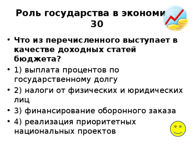 Роль государства в экономике  30 Что из перечисленного выступает в качестве доходных статей бюджета? 1) выплата процентов по государственному долгу 2) налоги от физических и юридических лиц 3) финансирование оборонного заказа 4) реализация приоритетных национальных проектов 
