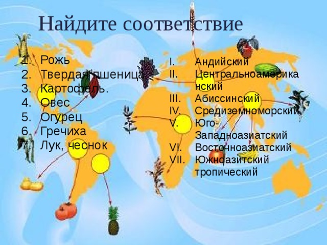  Найдите соответствие Рожь Твердая пшеница Картофель. Овес Огурец Гречиха Лук, чеснок Андийский Центральноамериканский Абиссинский Средиземноморский Юго-Западноазиатский Восточноазиатский Южноазитский тропический 
