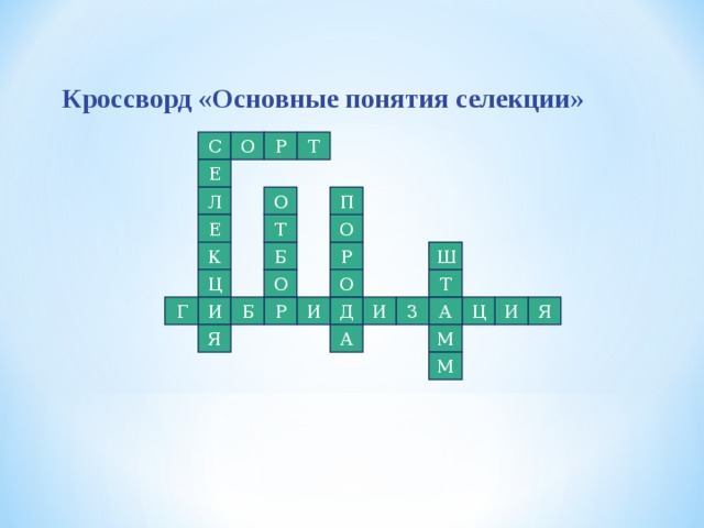 Кроссворд «Основные понятия селекции» О Т Р С Е О П Л О Т Е К Б Ш Р О О Т Ц Г И И Б Д З А Ц И Я Р И А Я М М 