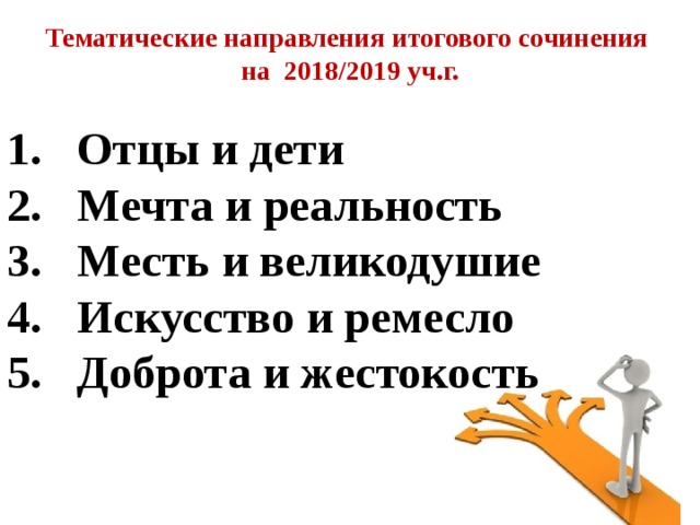 Тематические направления итогового сочинения на 2018/2019 уч.г.  Отцы и дети Мечта и реальность Месть и великодушие Искусство и ремесло Доброта и жестокость  
