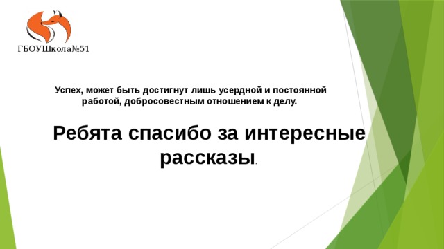 ГБОУШкола№51   Успех, может быть достигнут лишь усердной и постоянной работой, добросовестным отношением к делу. Ребята спасибо за интересные рассказы . 