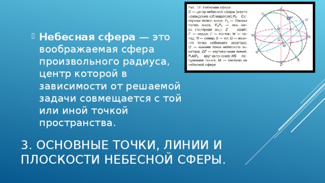 Небесная сфера — это воображаемая сфера произвольного радиуса, центр которой в зависимости от решаемой задачи совмещается с той или иной точкой пространства. 3. Основные точки, линии и плоскости небесной сферы. 