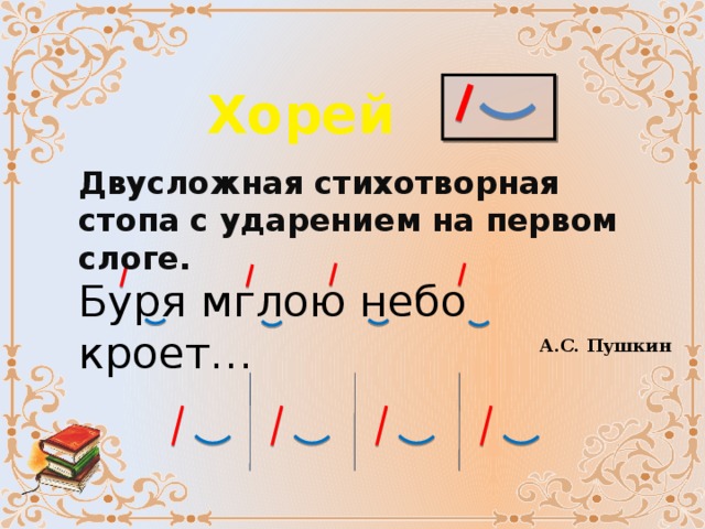 Хорей Двусложная стихотворная стопа с ударением на первом слоге. Буря мглою небо кроет… А.С. Пушкин 