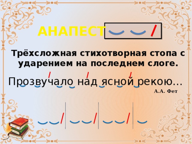 АНАПЕСТ Трёхсложная стихотворная стопа с ударением на последнем слоге. Прозвучало над ясной рекою… А.А. Фет 