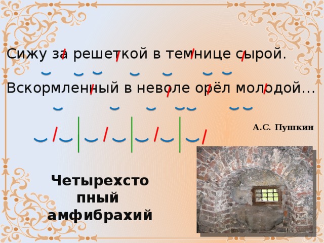 Сижу за решеткой в темнице сырой. Вскормленный в неволе орёл молодой… А.С. Пушкин Четырехстопный амфибрахий  